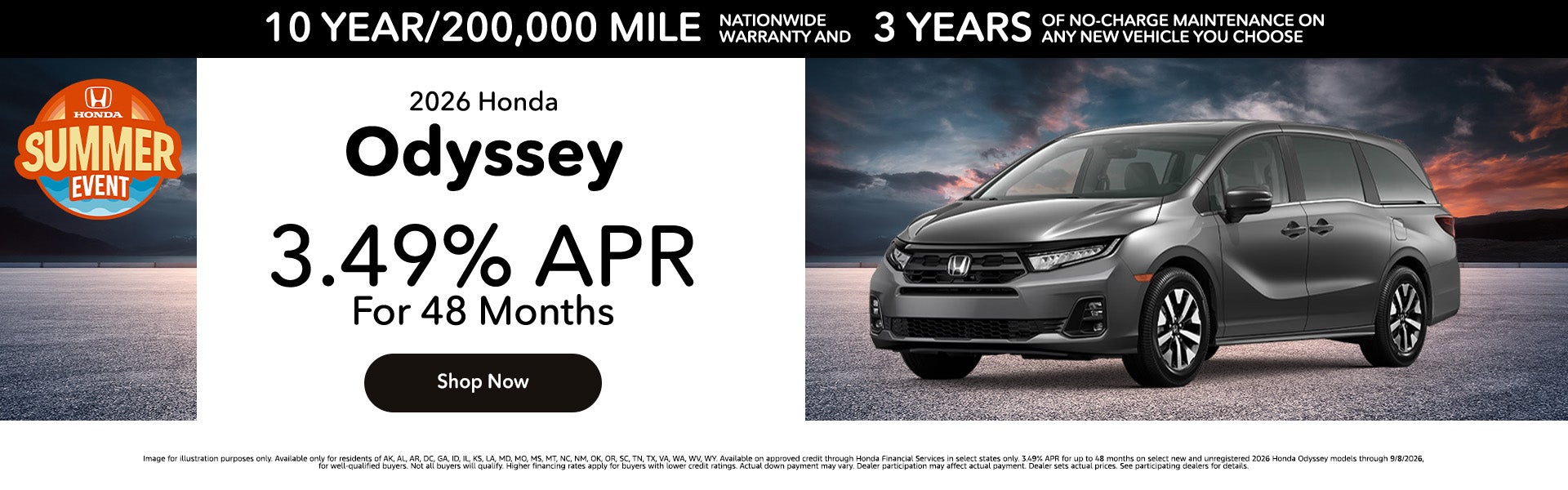 3.49% APR On 2026 Honda Odyssey