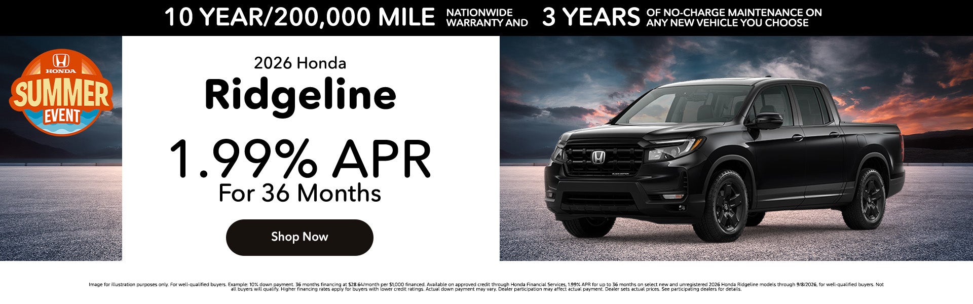 1.99% APR On 2026 Honda Ridgeline