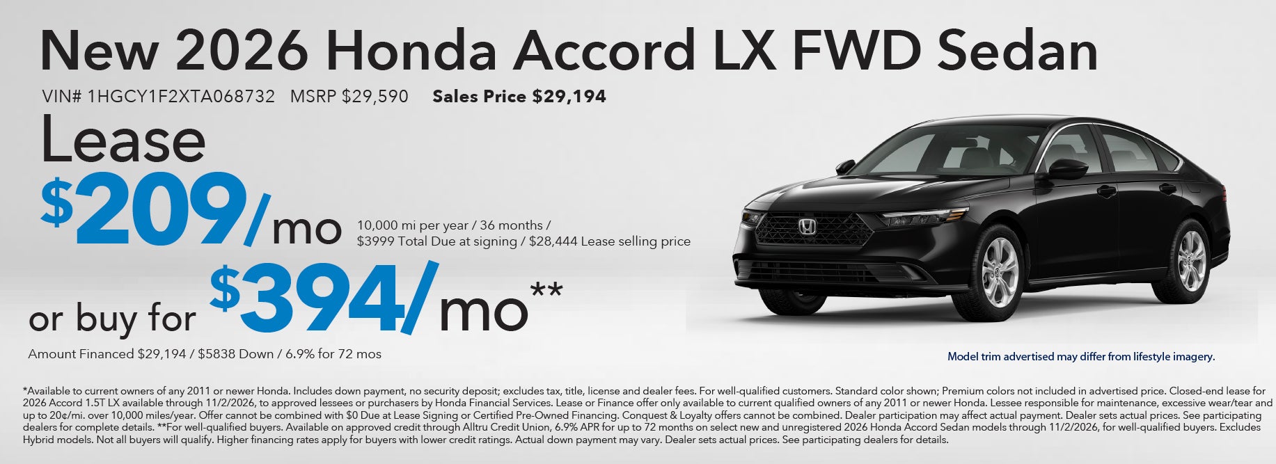 Lease a new Honda Accord from at $209/mo
