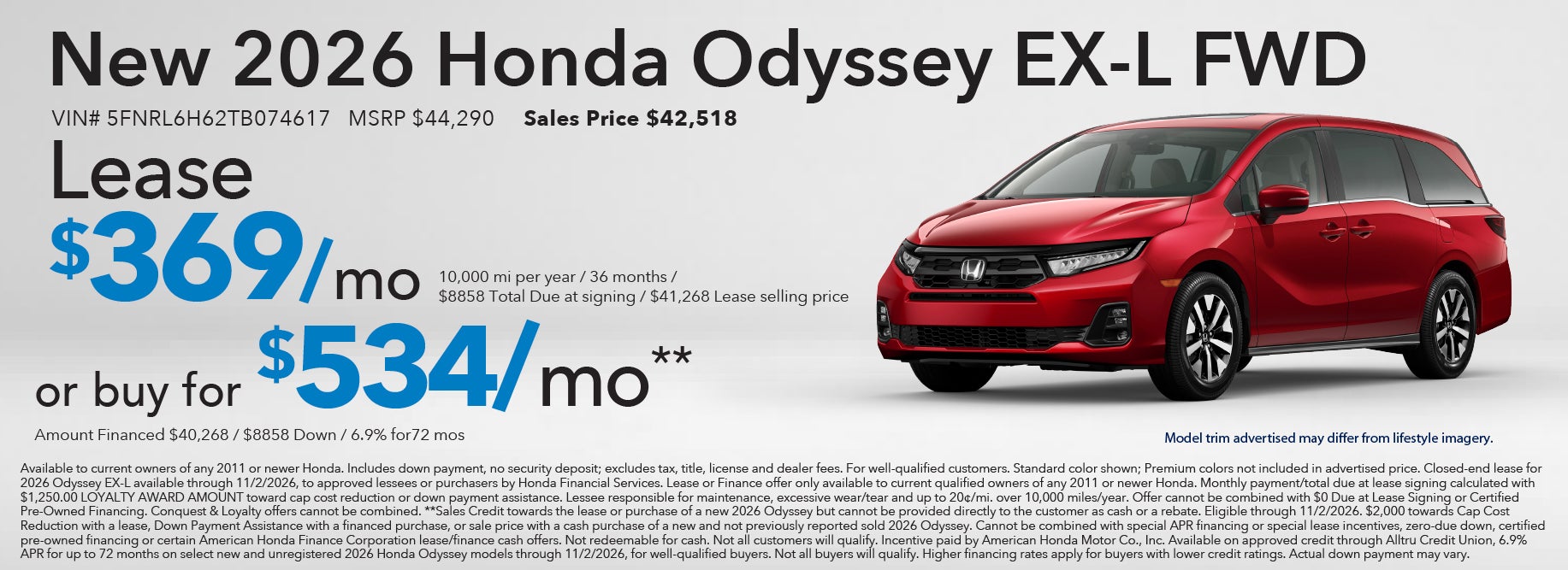 Lease a new Honda Odyssey from $369/mo