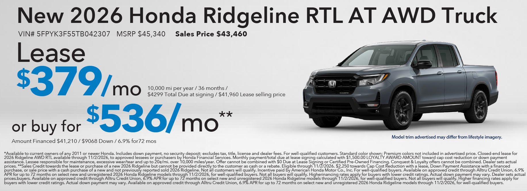 Lease a new Honda Ridgeline from $379/mo
